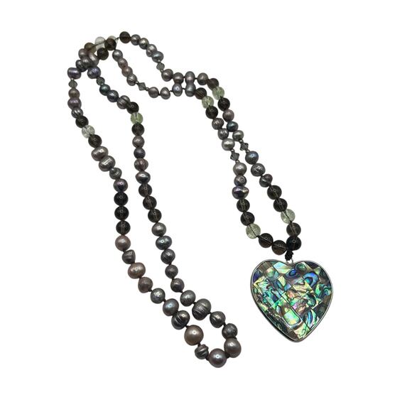 Paua Abalone Shell Mosaic Heart Neck Pendant Fresh Water pearls Mala Necklace - Picture 1 of 5